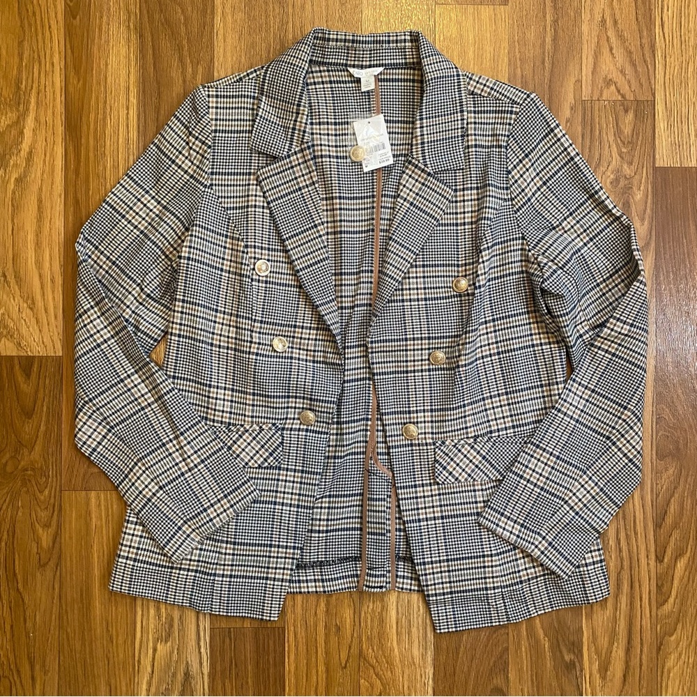 NWT Cato Plaid Double Breasted Open Front Blazer, Size Medium